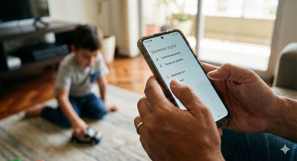 Manos configurando control parental en Android para seguridad infantil.